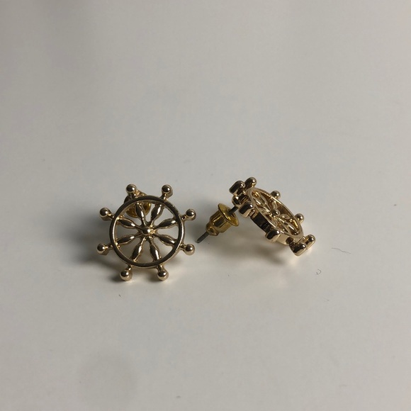 Gold Nautical Ship’s Wheel Earrings - Picture 2 of 2